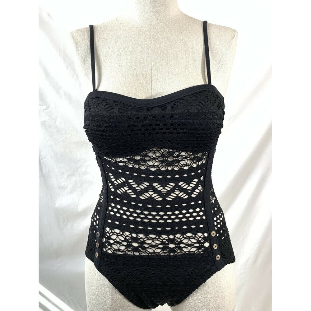 One Piece Swimsuit Size 2 Lightly Lined Black Lace Crochet Sweetheart Spaghetti - Picture 1 of 10